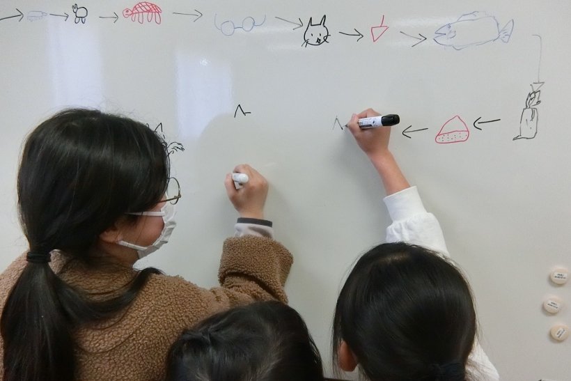 絵しりとりの絵を一緒に書いている