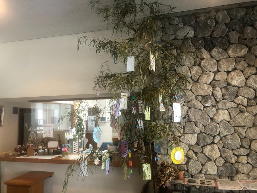 竹に飾られた短冊と七夕飾り