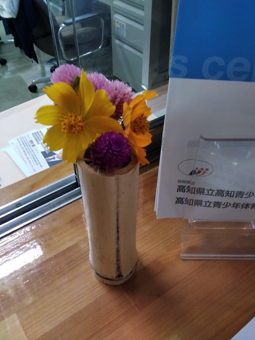 竹の筒に入ったコスモスと百日紅