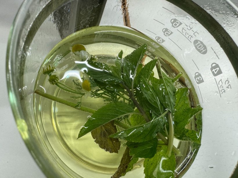 ガラスの容器にハーブをお湯に入れている