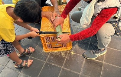 ノコギリで竹を協力して切っている