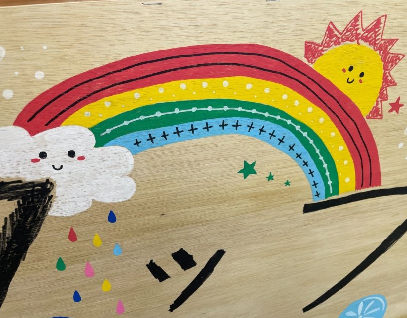 ドロップの看板に付け足した虹の絵（雲と太陽もいる）