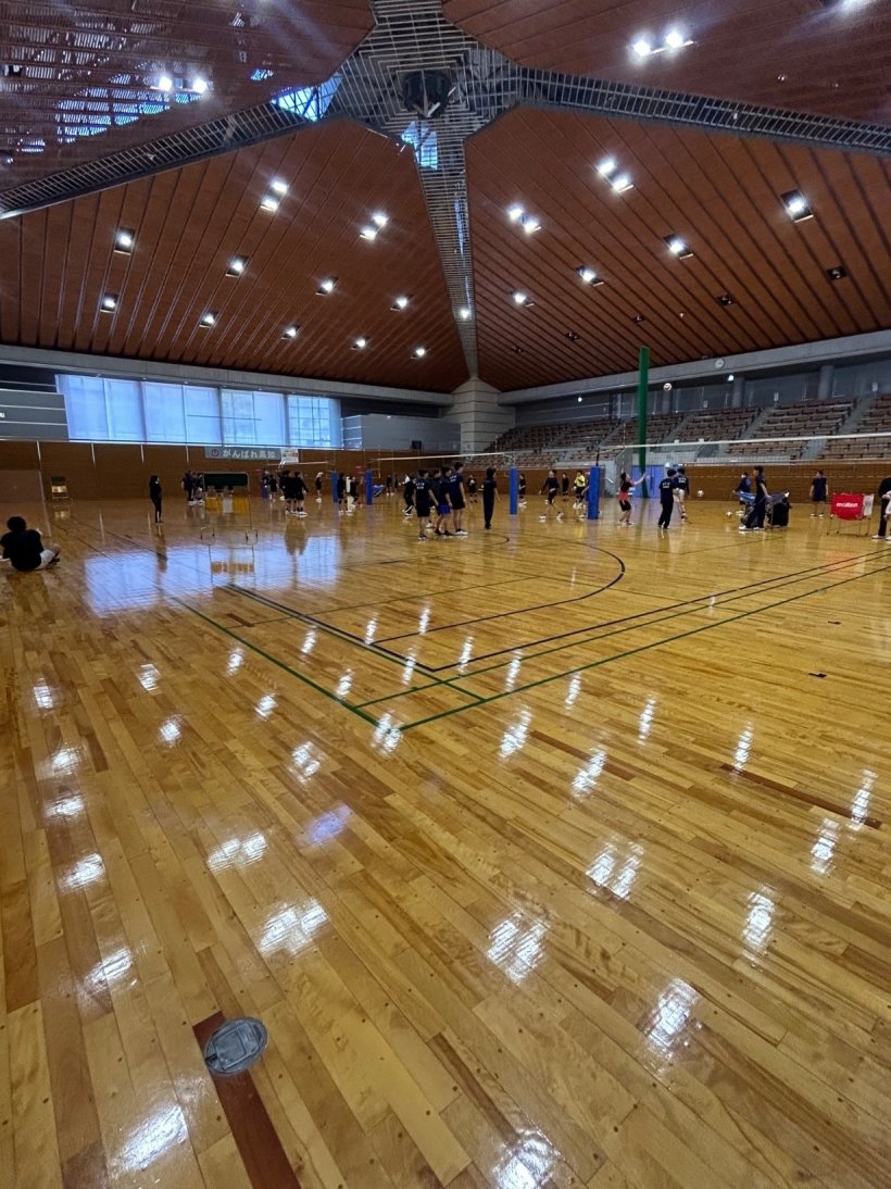 体育館のアリーナでバレーボールをしている