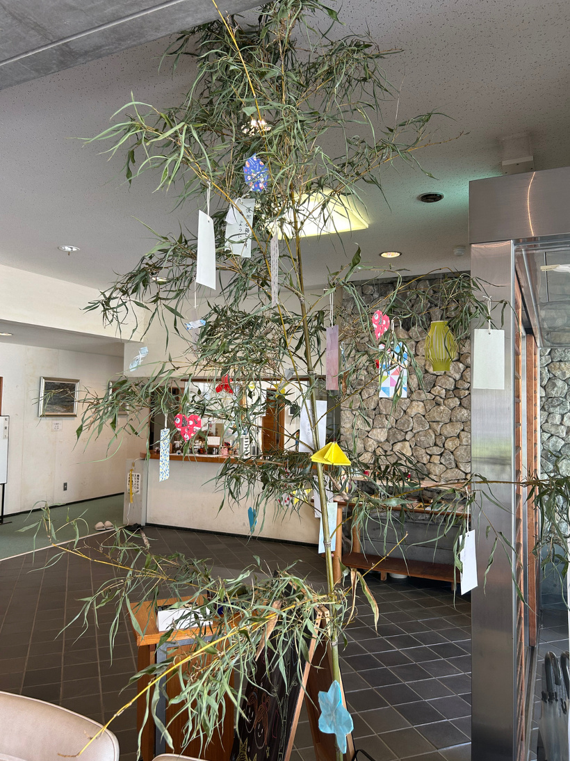 折り紙で作った七夕飾りと短冊を吊るした笹