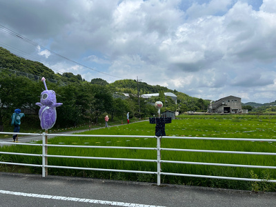 田んぼの周りに設置された様々なかかし