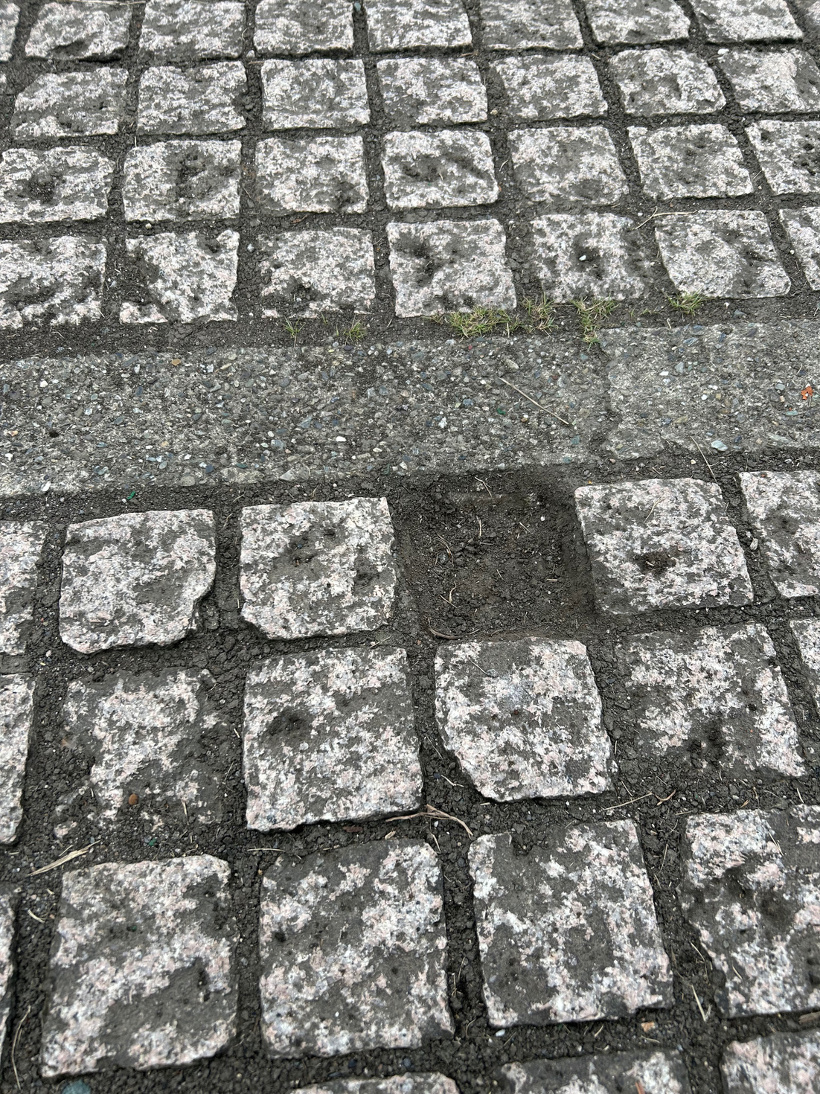 駐車場の石ブロックが1つ外れている様子