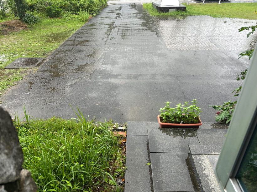事務所の窓から見える駐車場の景色。雨で水たまりができている。